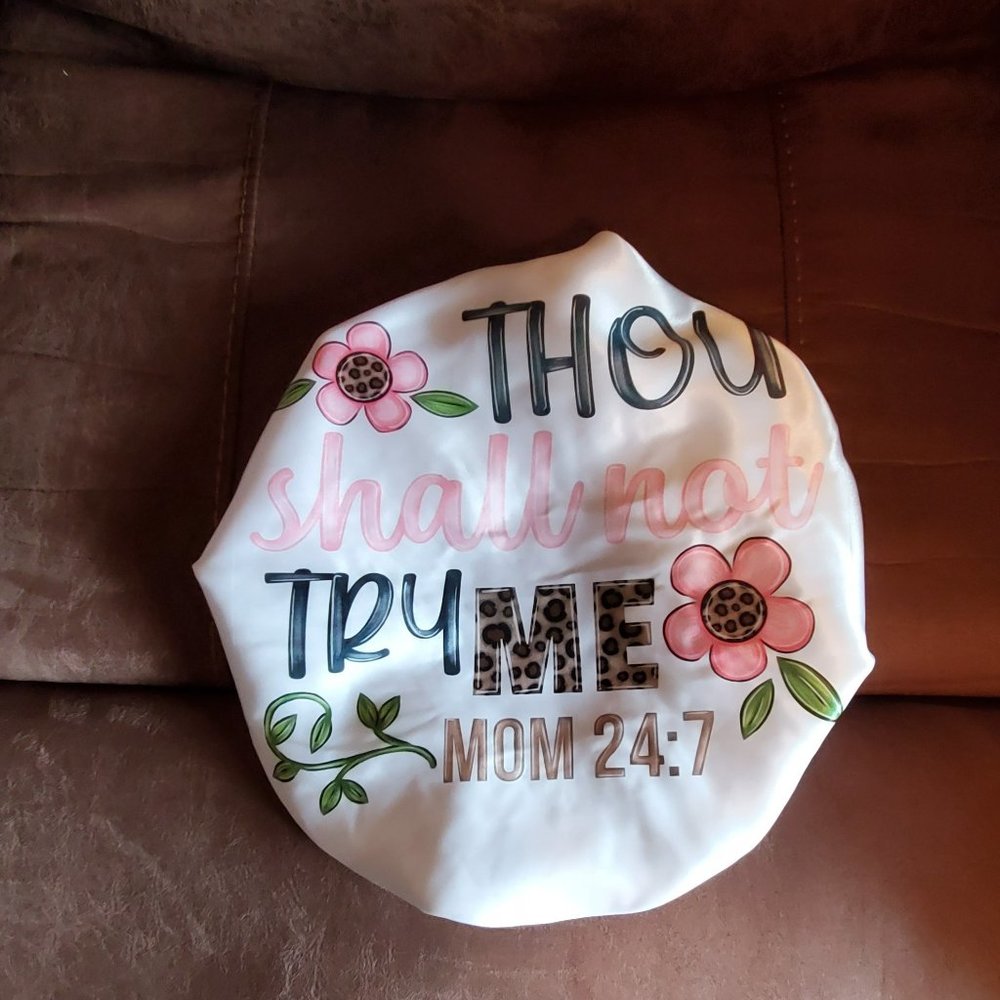 Women's Thou Shall Not Try Me Design Custom Handmade Satin Hair Bonnet